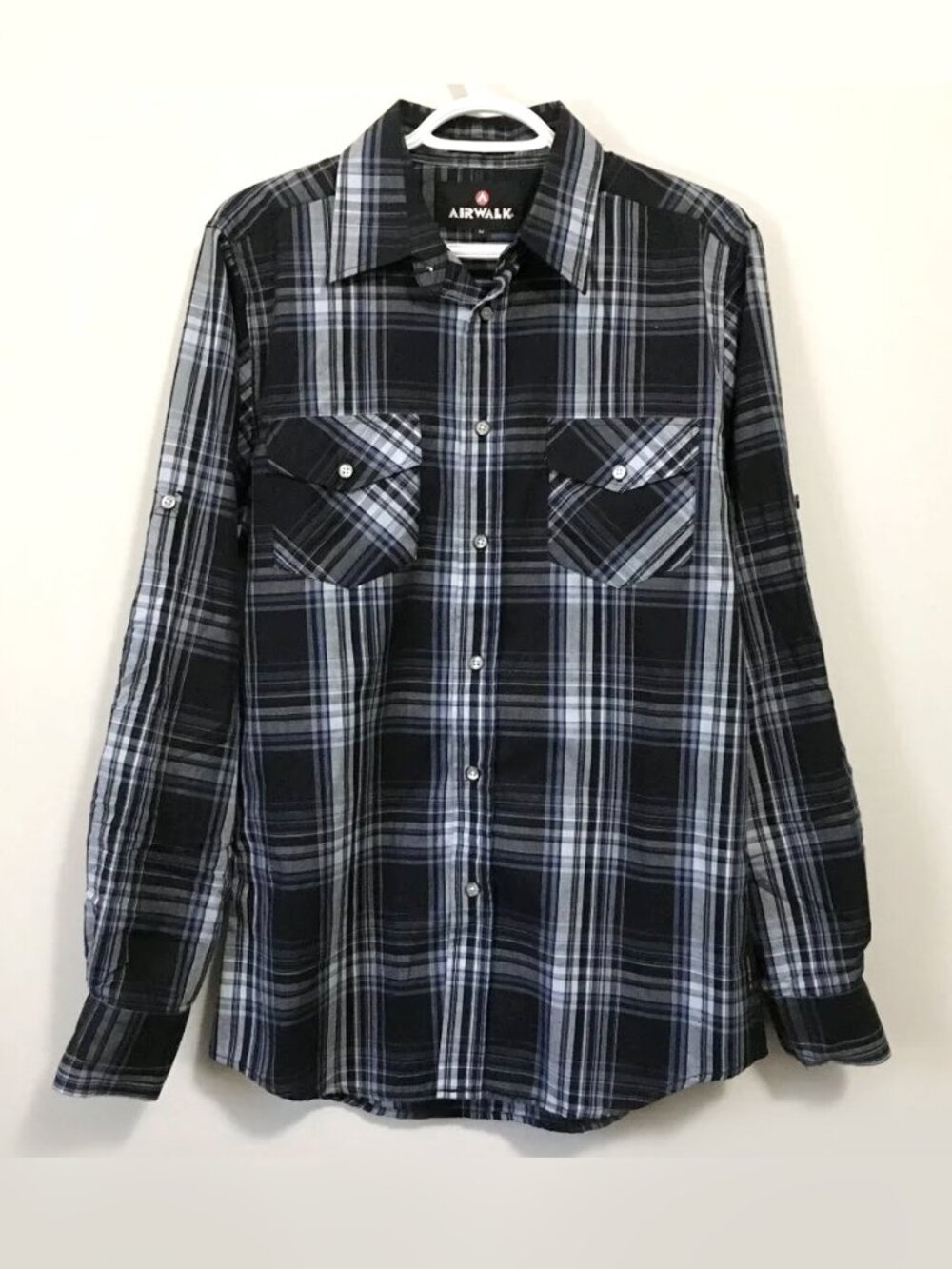 VTG Y2K Airwalk Blue Black White Plaid Skater Button Up Shirt M Grungecore